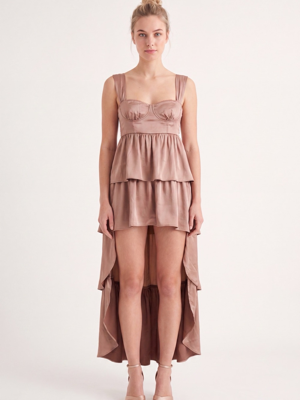 WeWoreWhat Satin High-Low Tiered Dress in Dusty Rose